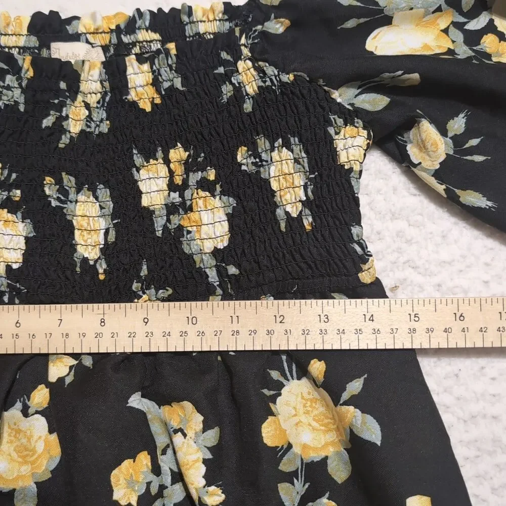 Indulge Black Yellow Floral Baby Doll Blouse Top Dress Size XL Square Neckline